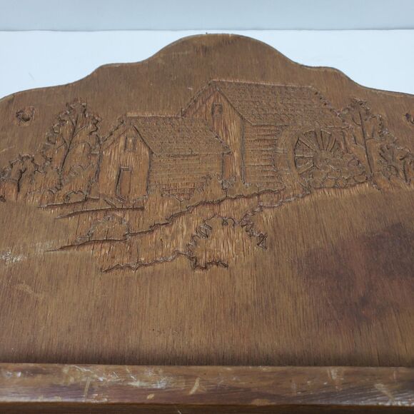 Antique Primitive Thimble Wall Display Wood 16x10x2 Inch Engraved Old Mill Scene - Picture 2 of 8